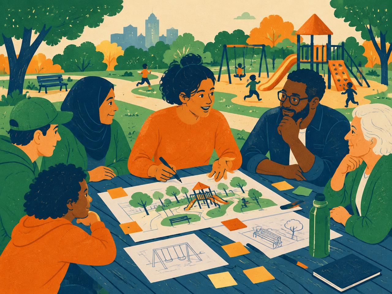 Neighbors planning together around a table in a park
